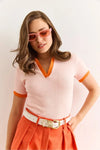 Polo Collar Color-Detail Stretch Cotton Blouse
