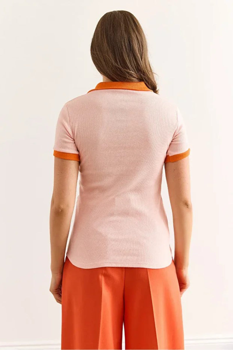 Polo Collar Color-Detail Stretch Cotton Blouse