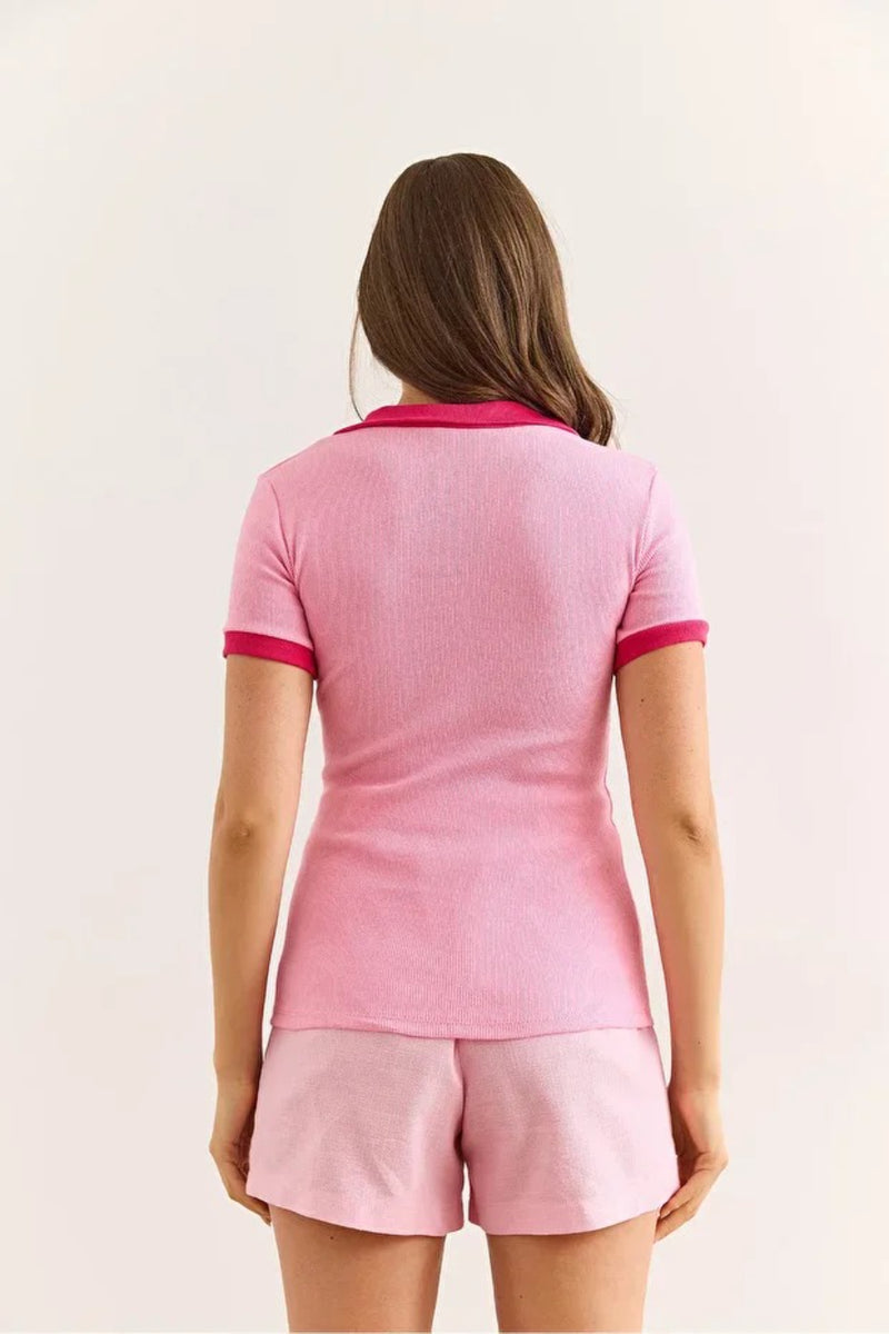 Polo Collar Color-Detail Stretch Cotton Blouse