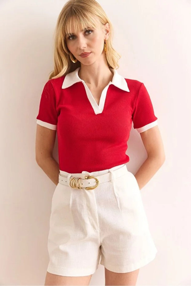 Polo Collar Color-Detail Stretch Cotton Blouse