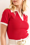 Polo Collar Color-Detail Stretch Cotton Blouse