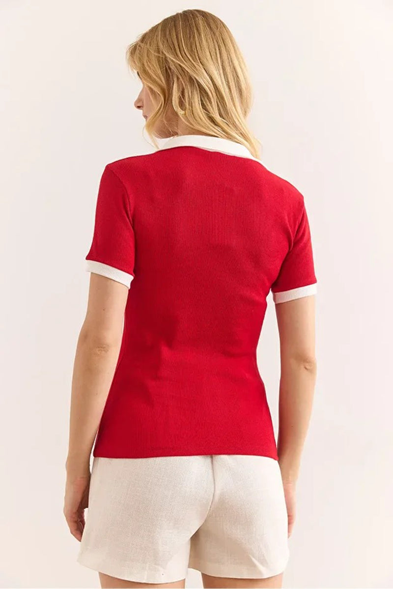 Polo Collar Color-Detail Stretch Cotton Blouse