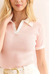 Polo Collar Color-Detail Stretch Cotton Blouse