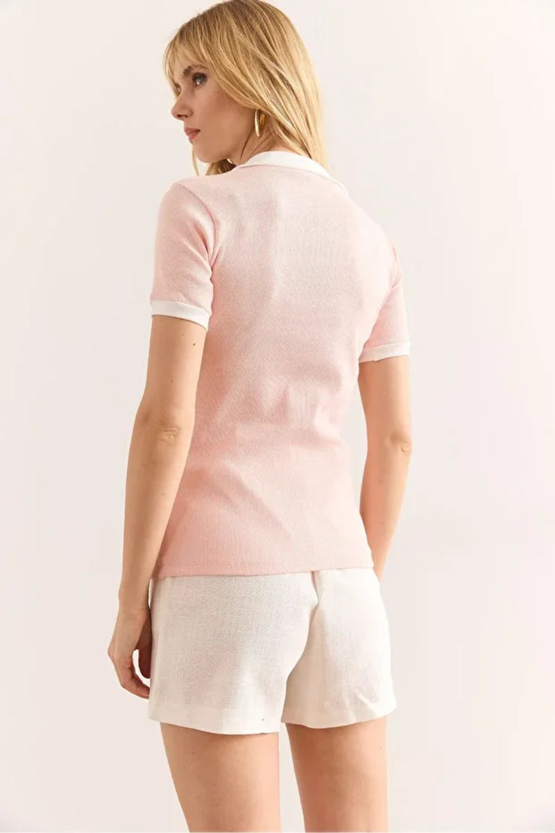 Polo Collar Color-Detail Stretch Cotton Blouse