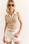 Polo Collar Color-Detail Stretch Cotton Blouse