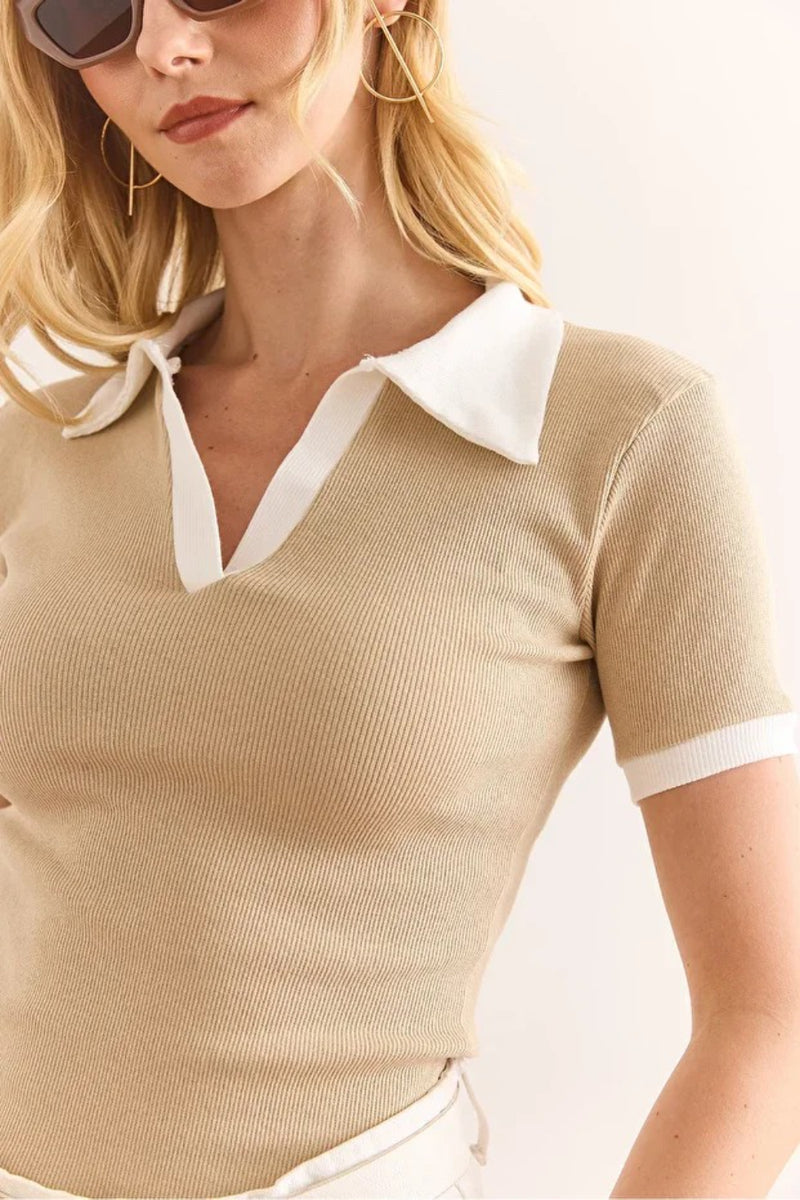 Polo Collar Color-Detail Stretch Cotton Blouse