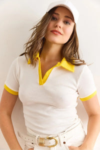 Polo Collar Color-Detail Stretch Cotton Blouse