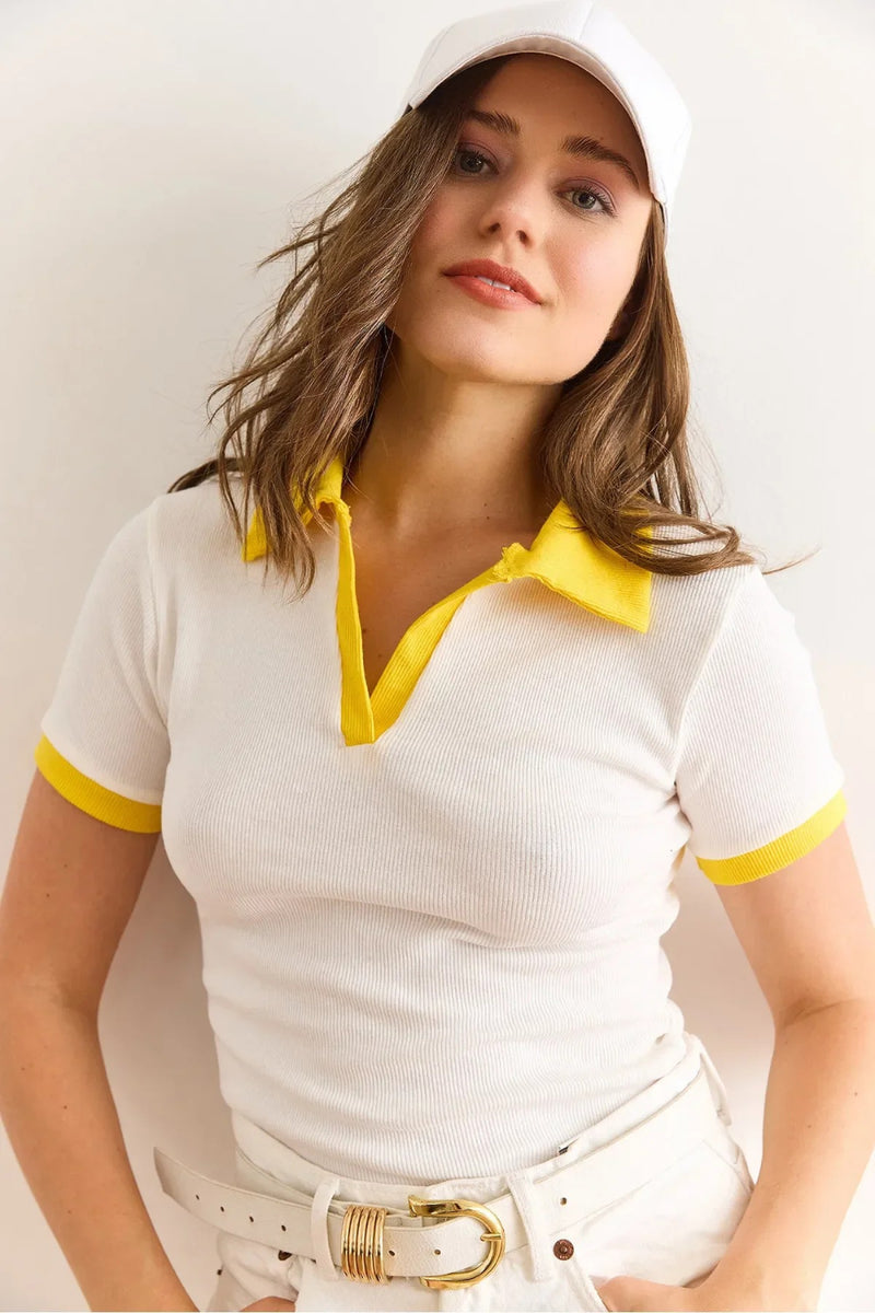 Polo Collar Color-Detail Stretch Cotton Blouse