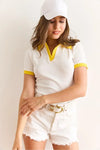 Polo Collar Color-Detail Stretch Cotton Blouse