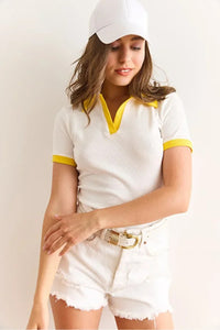 Polo Collar Color-Detail Stretch Cotton Blouse