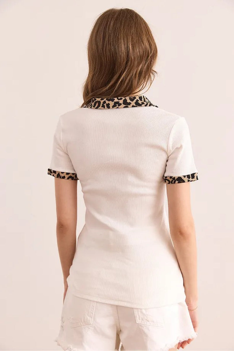 Polo Collar Color-Detail Stretch Cotton Blouse