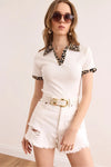 Polo Collar Color-Detail Stretch Cotton Blouse