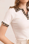 Polo Collar Color-Detail Stretch Cotton Blouse