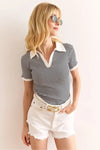 Polo Collar Color-Detail Stretch Cotton Blouse