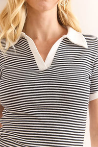Polo Collar Color-Detail Stretch Cotton Blouse