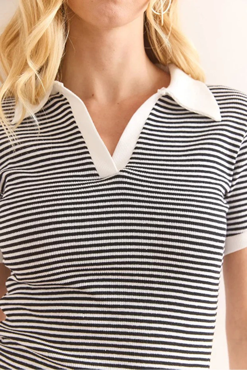 Polo Collar Color-Detail Stretch Cotton Blouse