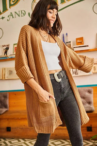 Relaxed Knit Cardigan with Folded Sleeves and Pockets
