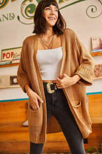 Relaxed Knit Cardigan with Folded Sleeves and Pockets