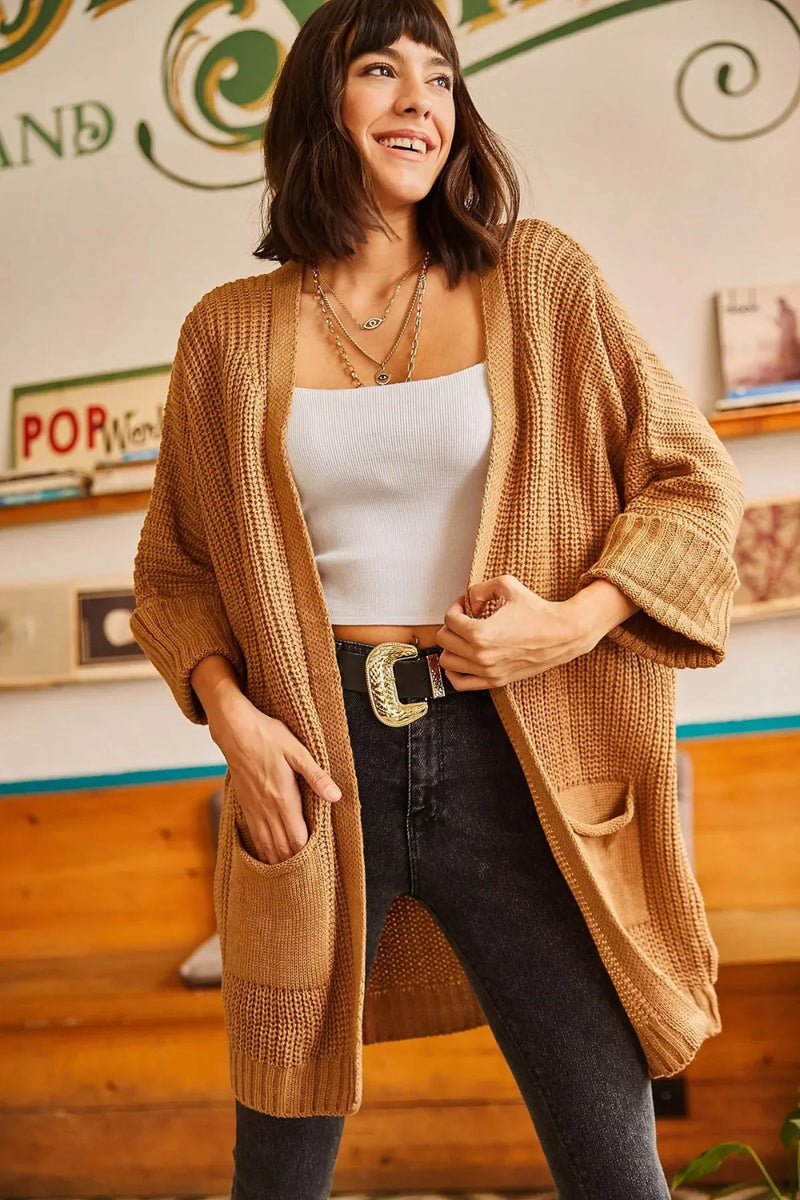 Relaxed Knit Cardigan with Folded Sleeves and Pockets