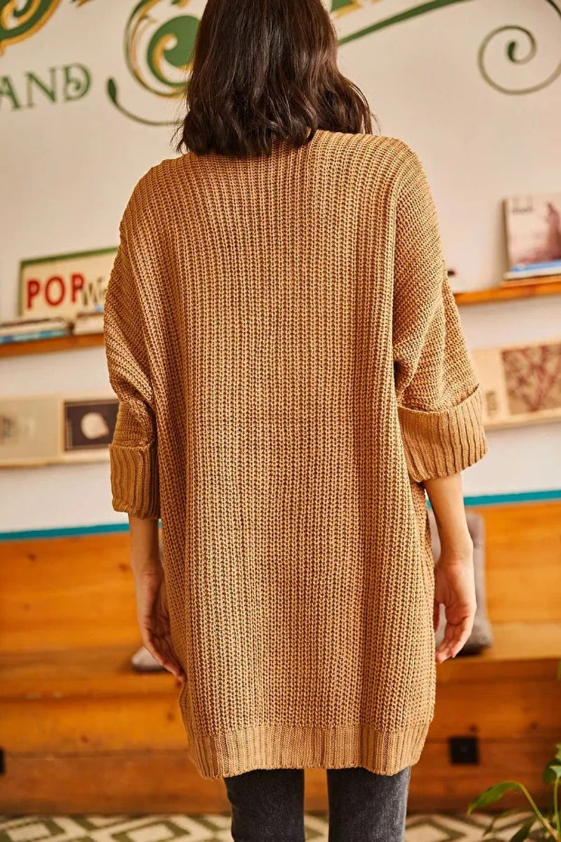 Relaxed Knit Cardigan with Folded Sleeves and Pockets