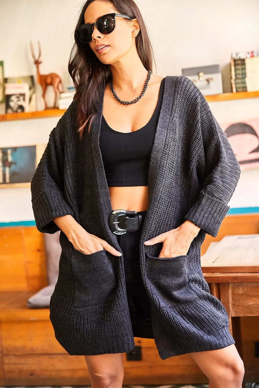 Relaxed Knit Cardigan with Folded Sleeves and Pockets