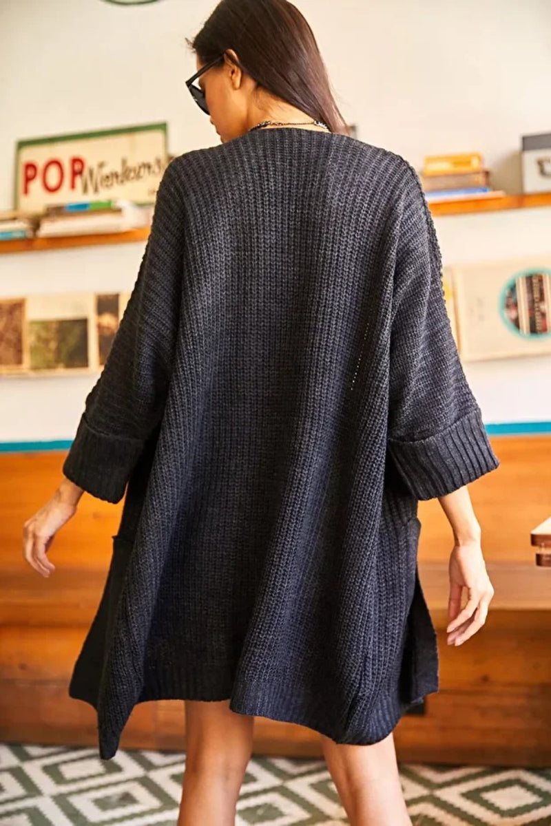 Relaxed Knit Cardigan with Folded Sleeves and Pockets