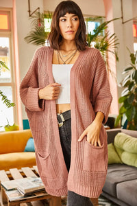 Relaxed Knit Cardigan with Folded Sleeves and Pockets