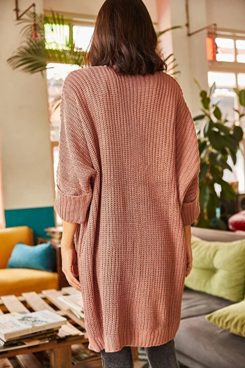 Relaxed Knit Cardigan with Folded Sleeves and Pockets