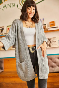 Relaxed Knit Cardigan with Folded Sleeves and Pockets