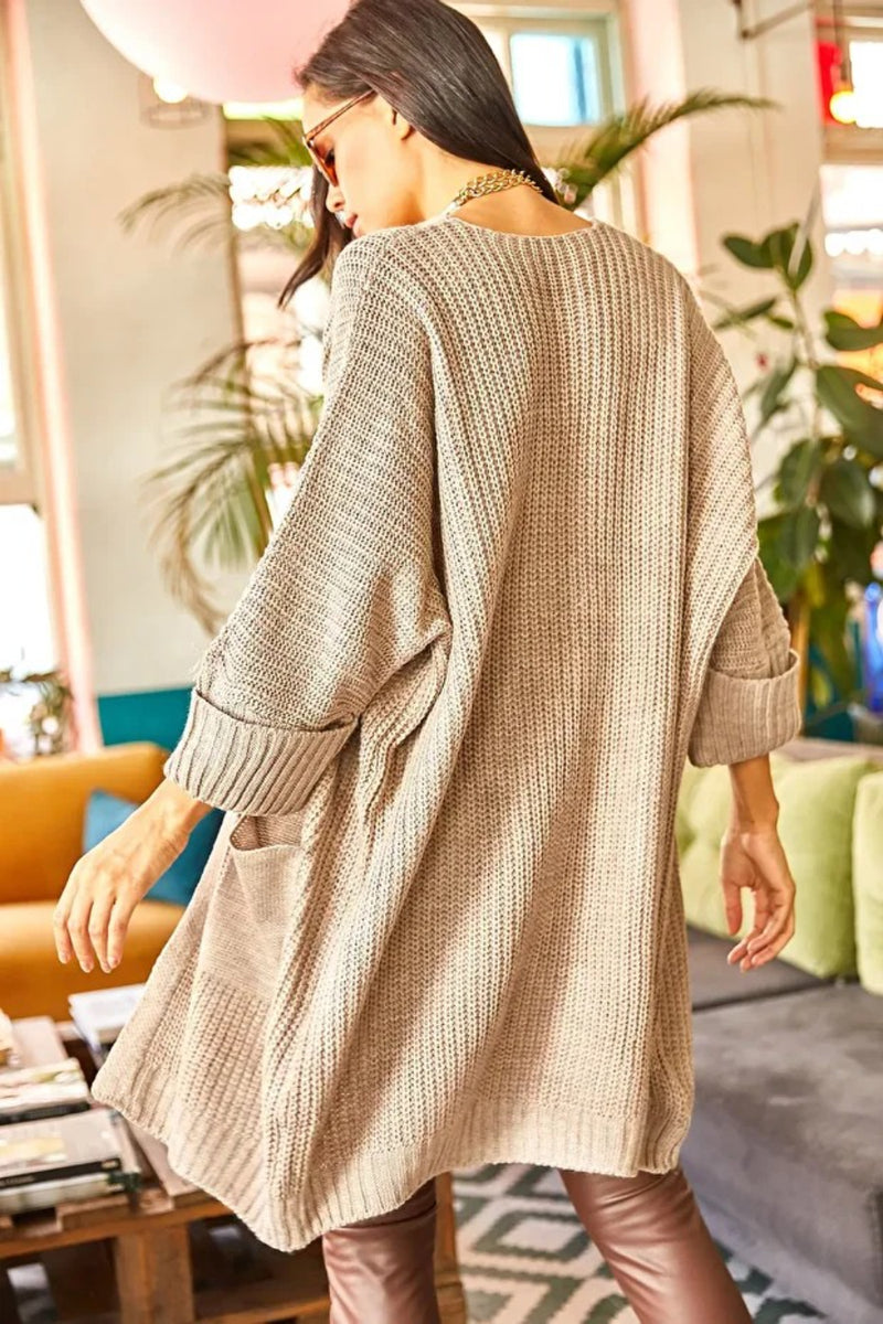 Relaxed Knit Cardigan with Folded Sleeves and Pockets