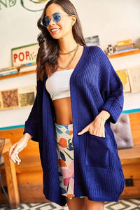Relaxed Knit Cardigan with Folded Sleeves and Pockets