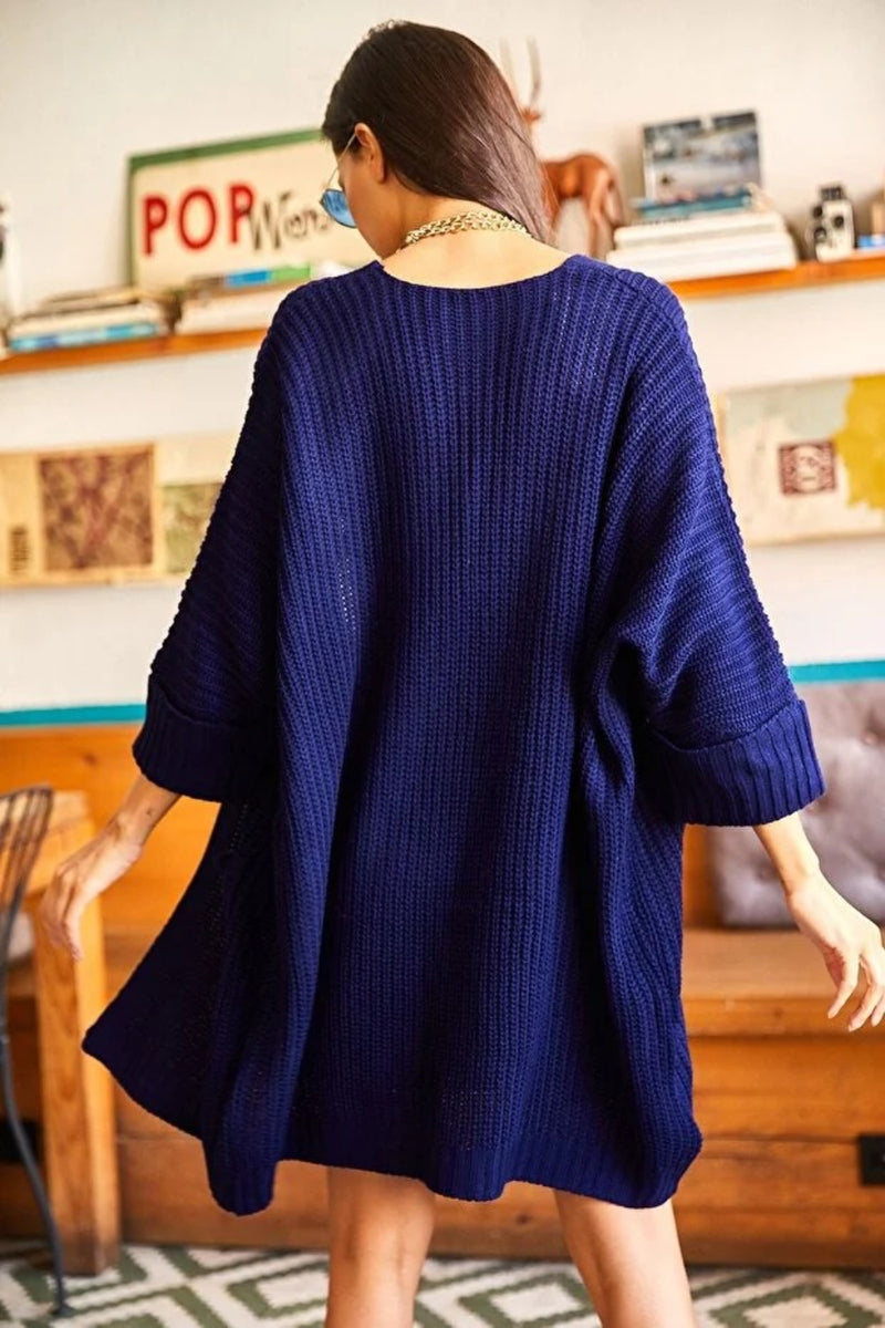 Relaxed Knit Cardigan with Folded Sleeves and Pockets