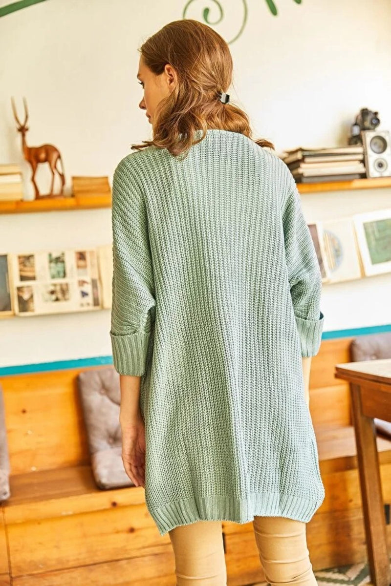 Relaxed Knit Cardigan with Folded Sleeves and Pockets