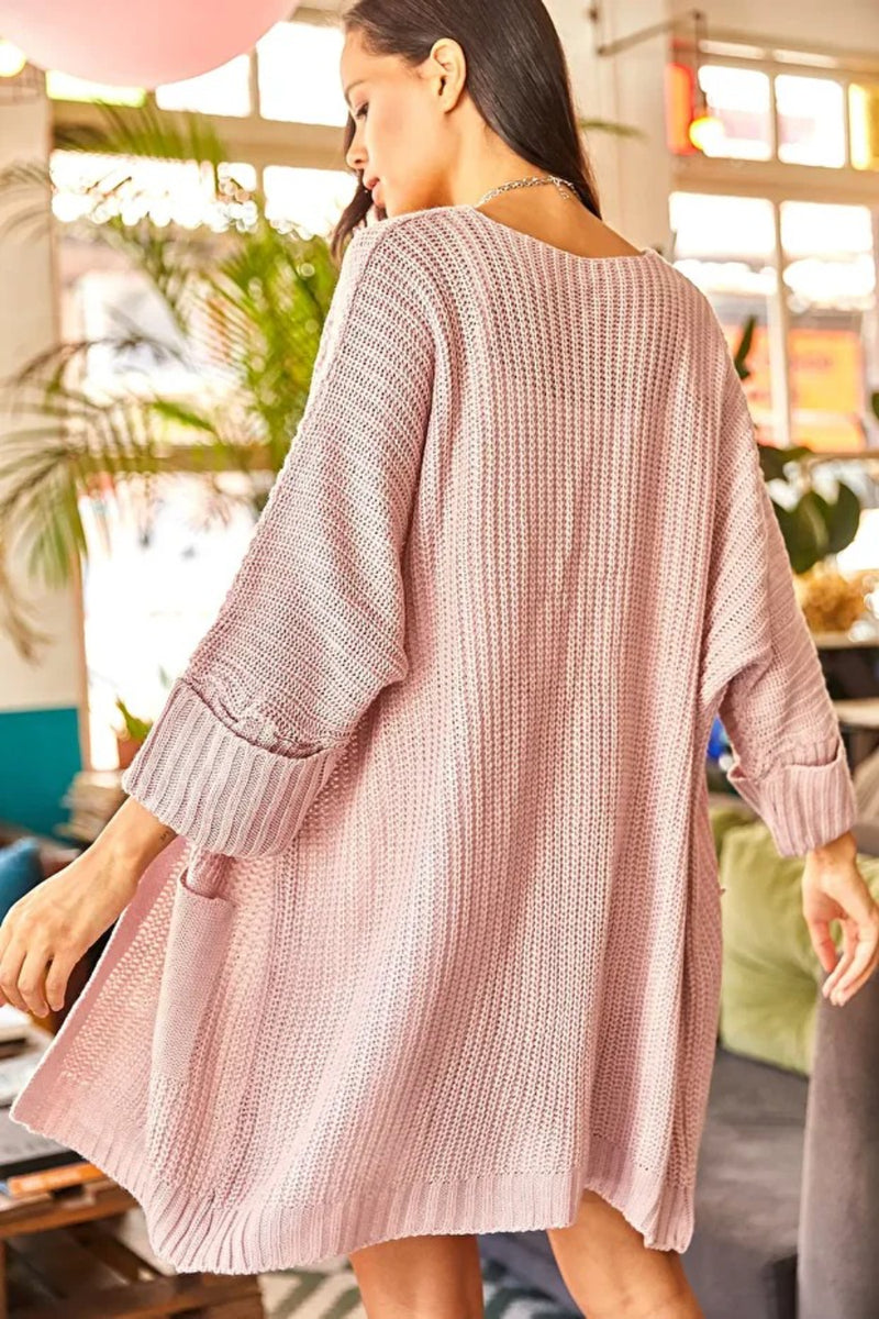 Relaxed Knit Cardigan with Folded Sleeves and Pockets