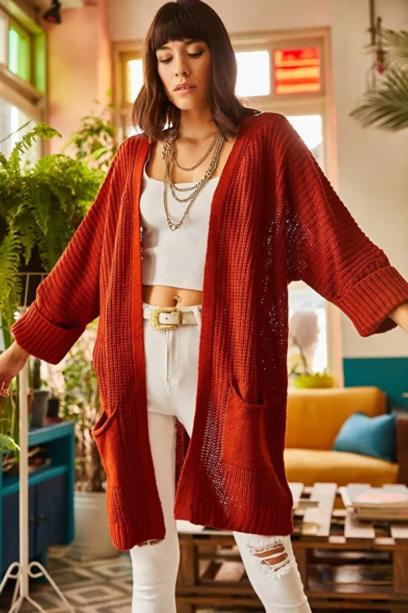 Relaxed Knit Cardigan with Folded Sleeves and Pockets