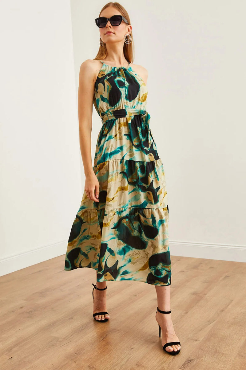 Halter Neck Belted Midi Dress