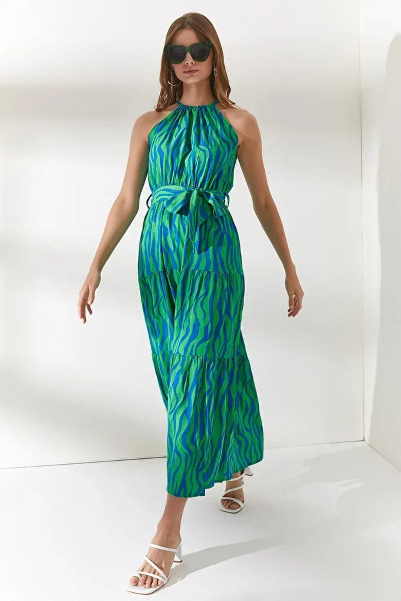 Halter Neck Belted Midi Dress
