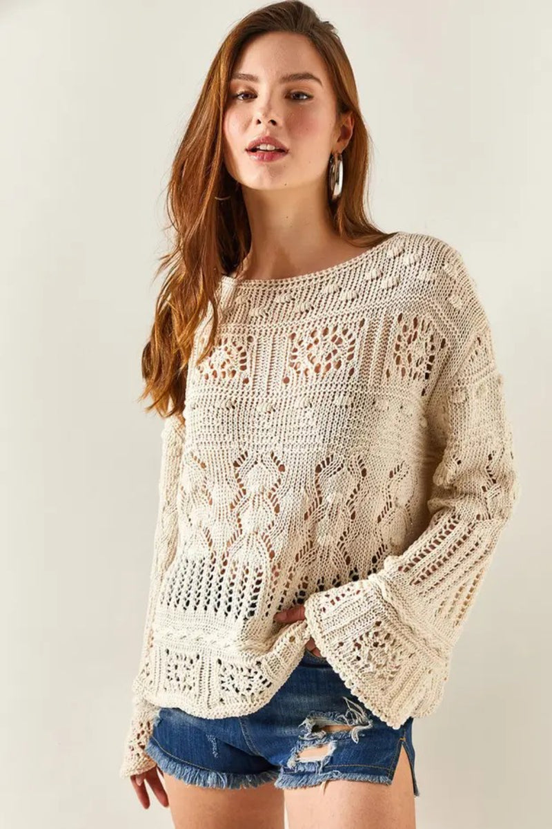 Mini Pom-Pom Openwork Cotton Knit Blouse