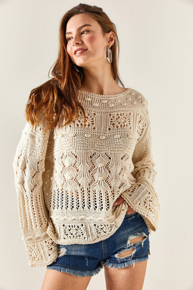 Mini Pom-Pom Openwork Cotton Knit Blouse