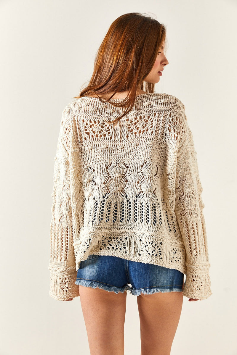 Mini Pom-Pom Openwork Cotton Knit Blouse