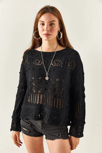 Mini Pom-Pom Openwork Cotton Knit Blouse