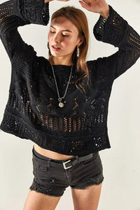 Mini Pom-Pom Openwork Cotton Knit Blouse