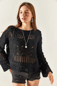 Mini Pom-Pom Openwork Cotton Knit Blouse