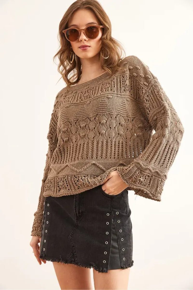 Mini Pom-Pom Openwork Cotton Knit Blouse