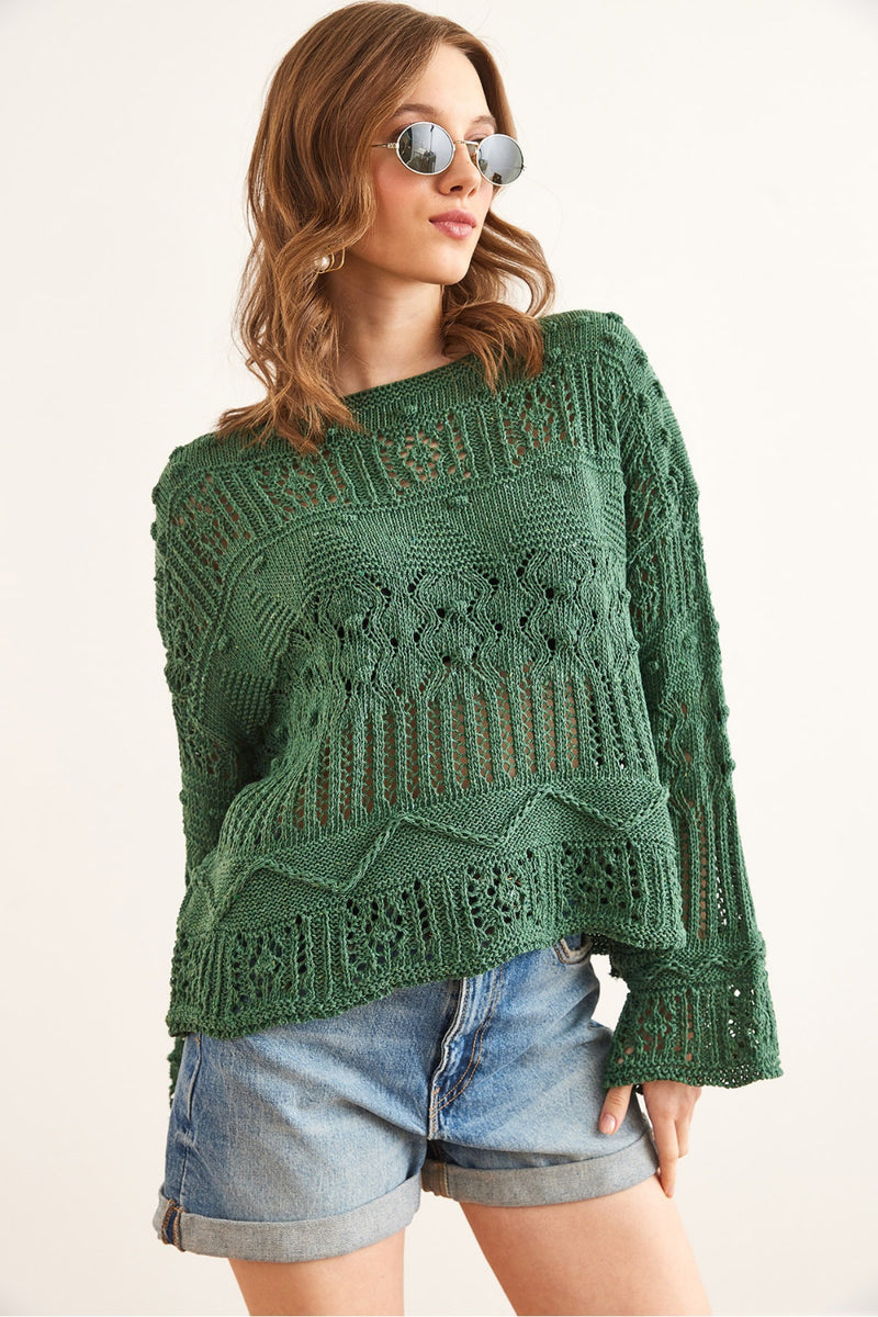Mini Pom-Pom Openwork Cotton Knit Blouse