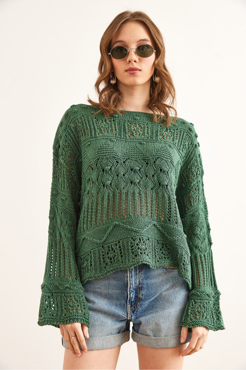 Mini Pom-Pom Openwork Cotton Knit Blouse