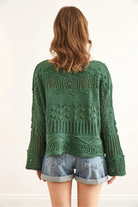 Mini Pom-Pom Openwork Cotton Knit Blouse