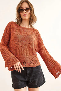Mini Pom-Pom Openwork Cotton Knit Blouse