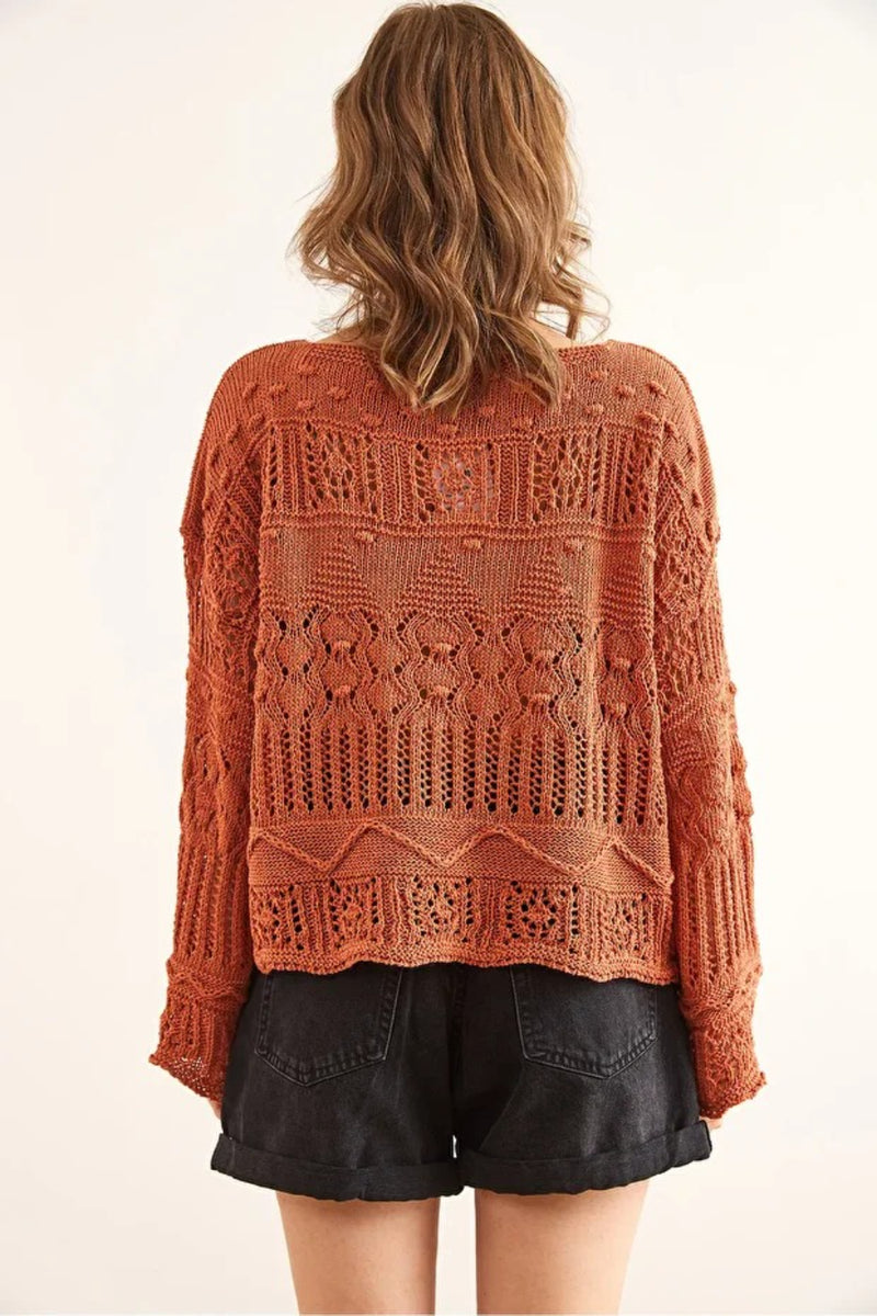 Mini Pom-Pom Openwork Cotton Knit Blouse