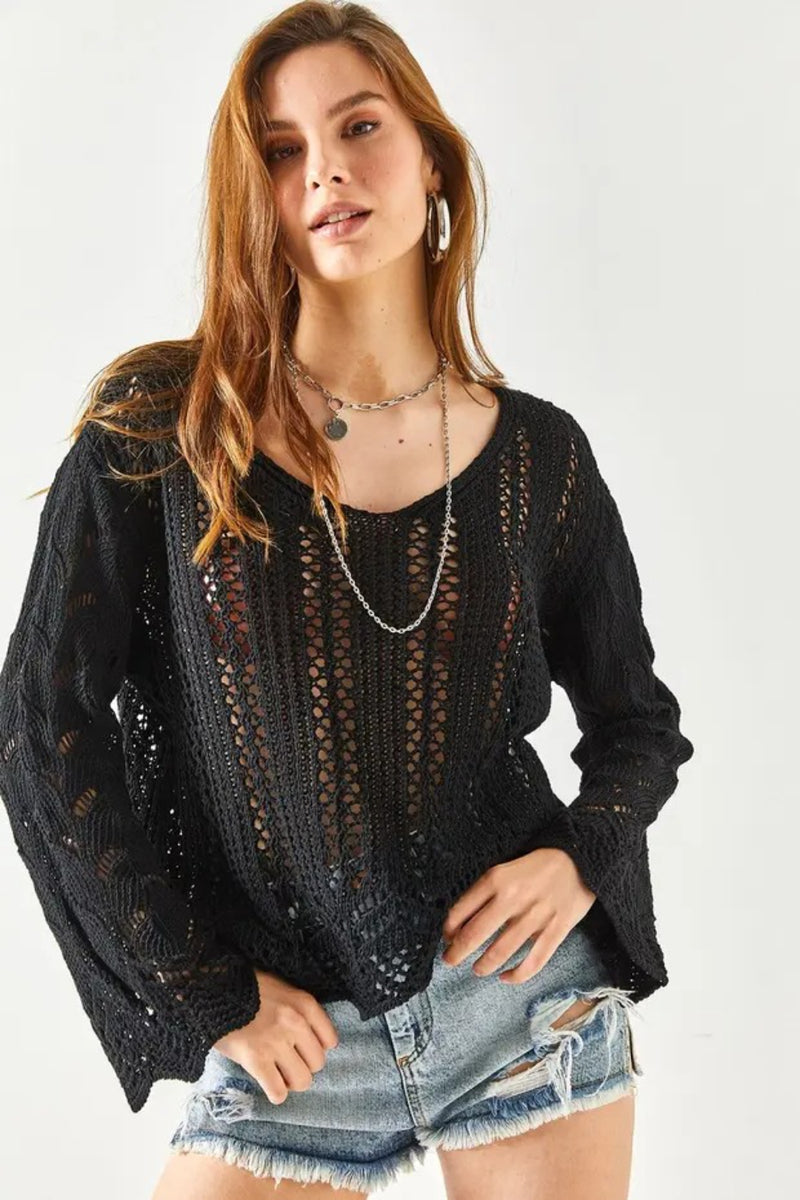 Spanish Sleeve Geometric-Detail Cotton Knit Blouse